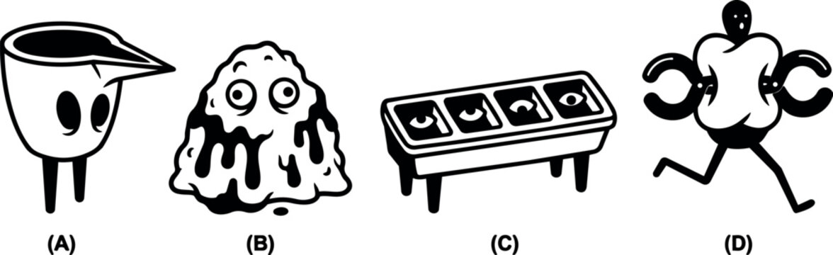 Creepy cute monster characters with melting ghost foosball table and running oddball figures in black and white line art