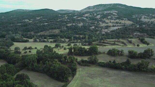 Coursegoules, France &mdash; stunning 4K aerial drone footage overlooking the peaceful valley and foothills of the Alpes-Maritimes. 
