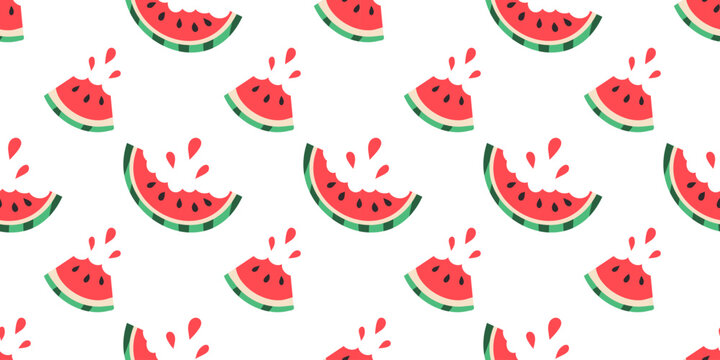Bitten watermelon slice seamless pattern vector illustration on white background. Juicy red melon repeating texture with splashing juice drops for summer wallpaper, fabric print and wrapping paper