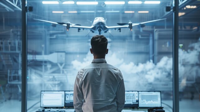 Aerospace engineer testing advanced drone design inside an industrial wind tunnel
