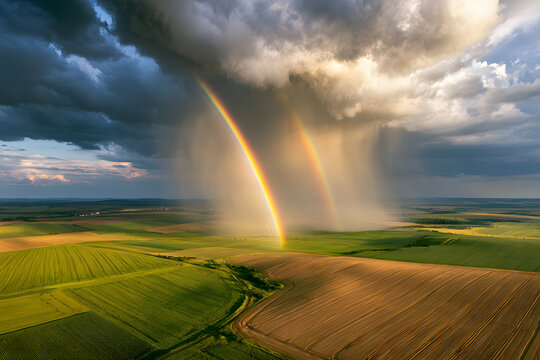 An aerial perspective of a double rainbow spanning over lush, verdant agricultural fields in Nasedlovice, a region in the South Moravian Region of Czechia, against a backdrop of a turbulent sky with r
