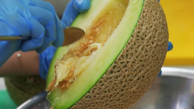 close-up shot of a person wearing blue latex gloves using a kitchen tool to scoop out the seeds from a freshly cut green melon. The vibrant green flesh and textured rind of the fruit are clearly visib
