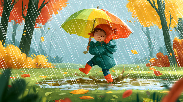 Child is playing in autumn rain. Kid is jumping in muddy puddle in beautiful park. Little boy with colorful umbrella is under heavy fall shower. Stormy rainy weather is fun