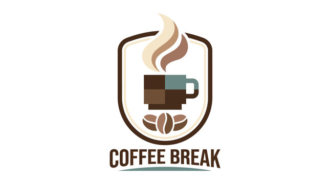 This logo represents a coffee break theme, featuring a steaming coffee cup design and beans, perfect for cafes, coffee shops, or leisure branding purposes.