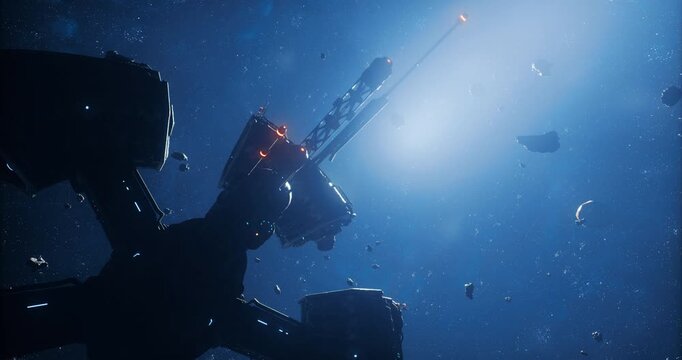 A detailed view of a futuristic space station illuminated by orange lights, set against a backdrop of deep space. Floating debris and asteroids drift nearby, highlighting the vastness of the cosmos.
