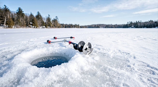Ice fishing auger on snow next to drilled hole. Winter fishing equipment on frozen lake