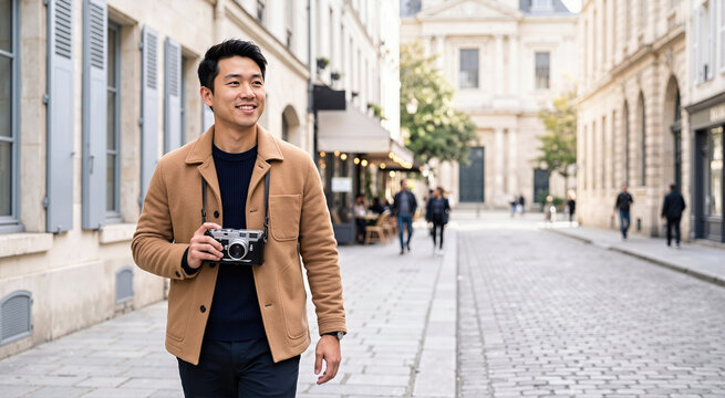 Smiling young Asian man walking on a cobblestone street with a vintage camera. Happy male tourist exploring a historic European city