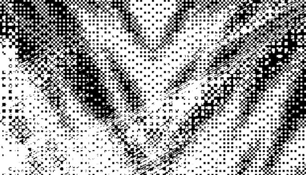 Black and white abstract and grunge pixel pattern with sharp arrow shape for sporty background element. Vector format illustration. EPS10
