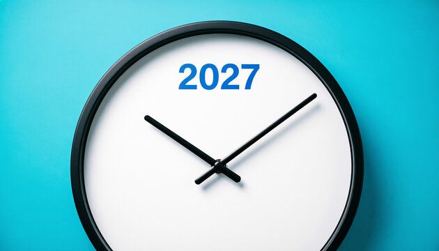New year 2027 wall clock concept, minimalist clock face with 2027 text, time management and future planning concept isolated on White Background