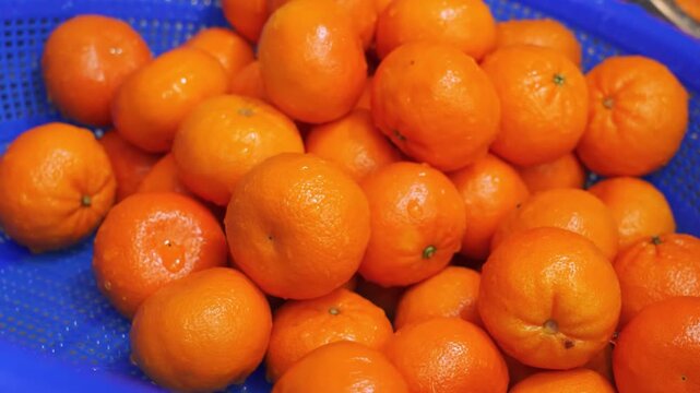Close up of person wearing gray protective rubber gloves washing many bright orange mandarins or clementines in a stainless steel bowl filled with water and soapy foam, preparing fruits for dessert or