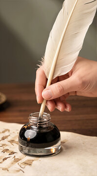 Hand dipping ivory feather quill into black ink. Vertical photo of writing with traditional quill and glass inkwell on vintage parchment paper. Calligraphy and literature concept