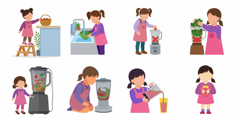 Fototapeta premium Set of illustrations showing a little girl making a healthy fruit and vegetable smoothie using a blender.