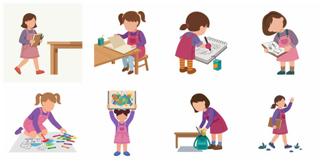 Fototapeta premium Vector illustration set of a young girl in various school-related poses, including reading, drawing, and carrying a backpack, ideal for education and childhood themes.