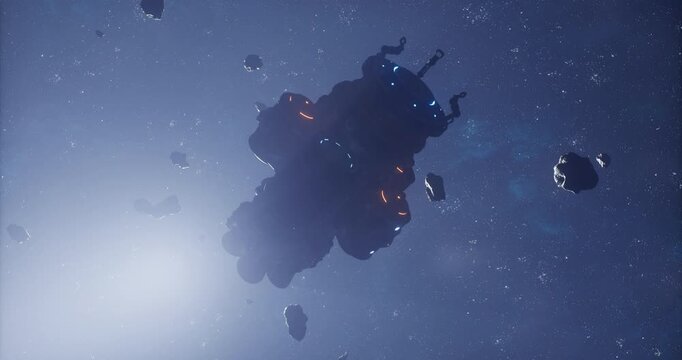 A spacecraft maneuvers carefully among various asteroids in a dark expanse of deep space. Bright lights from the ship illuminate the surroundings as it travels.
