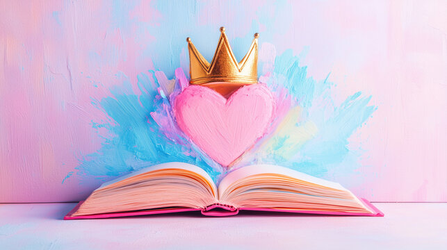 Golden crown on a pink heart over an open book on colorful watercolor background.