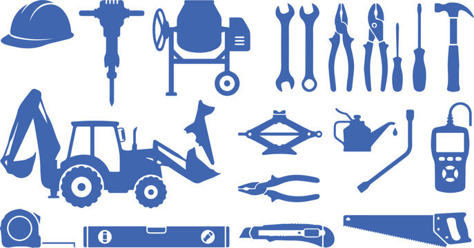 Professional industrial construction and hardware tools collection with construction work heavy duty construction hardware industrial equipment maintenance machinery screwdriver excavator