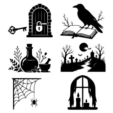Set of spooky Halloween and witchcraft black silhouette icons: locked door, key, raven on book, potions, graveyard, spider web, candlelight window - design for festive party decorations. JPEG version.