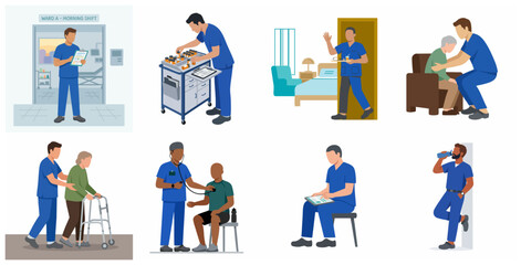 Fototapeta premium Male nurse character set performing various medical duties including elderly care, patient checkups, medication management, and hospital ward tasks, flat vector illustration.
