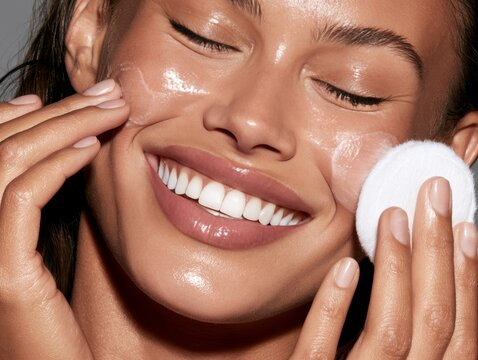 Young woman with glowing skin applying facial cleanser with cotton pad, smiling while enjoying skincare routine in a well-lit indoor setting