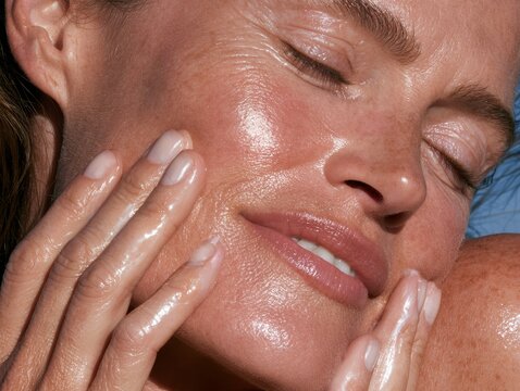 Close-up of a Caucasian woman applying skincare product to her face, showcasing healthy skin texture and natural glow in a bright, well-lit setting