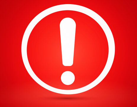 A safety alert sign shows an exclamation mark warning icon on a bold red background; inside a white circle sits a hazard symbol, signaling an emergency notification.