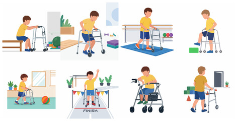 Fototapeta premium Collection of flat vector illustrations of a boy with disability using a walker for physical therapy, rehabilitation, and daily activities to improve mobility and strength.