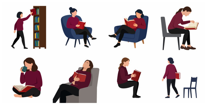Set of women reading books in various poses flat vector illustration