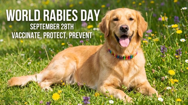Happy golden retriever dog lying on grass with flowers for world rabies day awareness campaign
