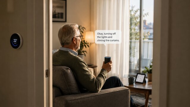 Elderly man interacts with smart speaker in cozy living room. Scene shows AI technology simplifying daily tasks for seniors. Perfect for articles about smart home tech and elderly care.