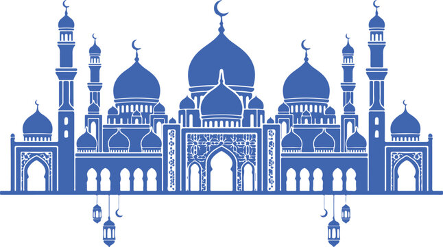 Detailed blue silhouette of an islamic mosque with minarets and crescent moons for ramadan design religion architecture building crescent celebration tradition spiritual oriental silhouette