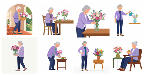 Fototapeta premium Senior woman flower arranging and gardening character set, elderly lady enjoying retirement hobby with floral bouquets and plants, flat vector illustration on white background.