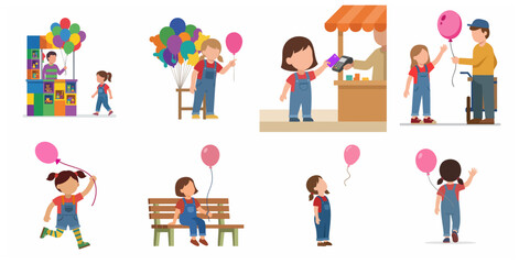 Fototapeta premium Set of vector illustrations of a little girl buying and playing with colorful balloons at an amusement park