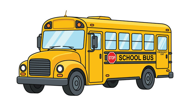 Bright yellow school bus vector illustration featuring iconic signage and classic geometric shapes for creative design