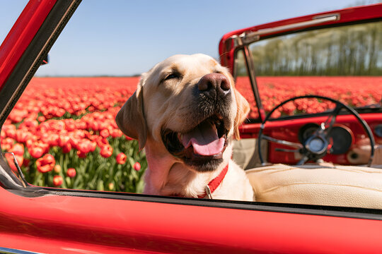 The sentence appears to be a description of a scene and lacks grammatical structure. Assuming it's meant to be a complete sentence, it should be:

"Funnel Labrador dog in retro red cabriolet on colorf