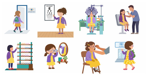 Fototapeta premium Pediatric eye exam and vision care concept illustration set featuring a young girl visiting an optometrist, testing sight, and choosing new eyeglasses.