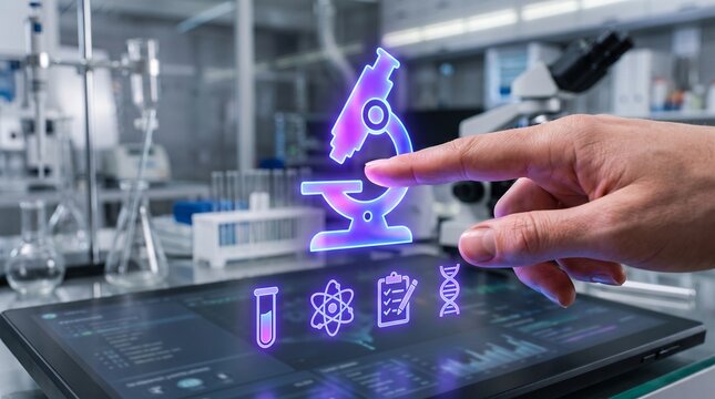 Futuristic digital microscope interface in modern laboratory, scientist hand touching holographic science icons, high-tech medical research facility