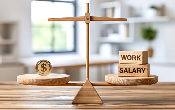 A wooden balance scale with a gold coin on one side and stacked blocks labeled WORK and SALARY on the other, set on a wooden table indoors.