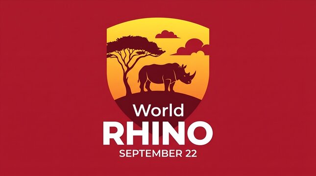World rhino day september 22nd rhino in shield silhouette against sun trees conservation emblem.