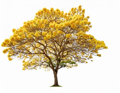 a single tree blooming with beautiful golden trumpet flowers tabebuia aurea in spring isolated on a white background