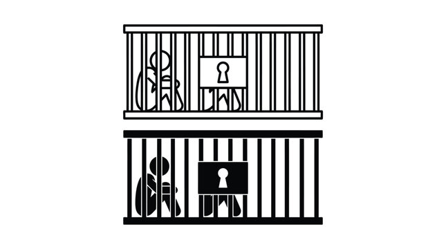 Minimalist vector illustration depicting a solitary person trapped inside a locked prison cell with metal bars
