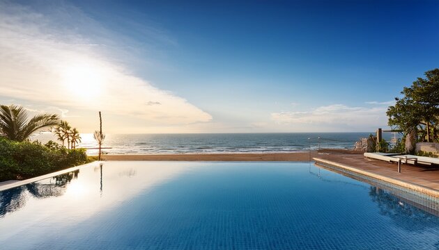 beautifull luxury swimming pool near beach front looking sea view and morning time background