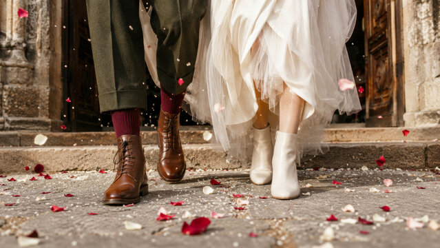 Unconventional Newlyweds in Modern Boots Leaving Church Amid Rose Petals and Rice
