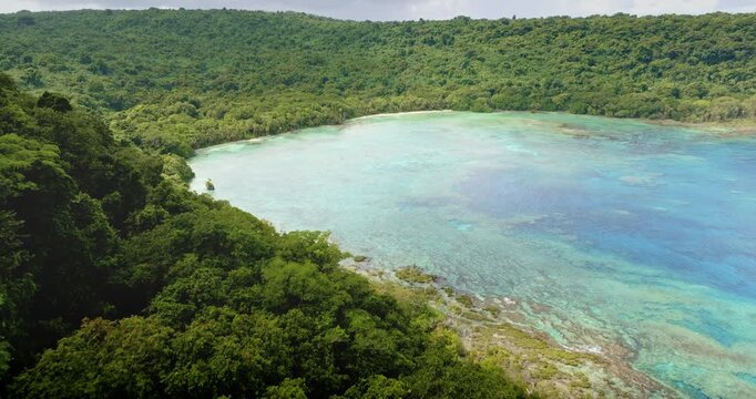Tegua island featuring lush green tropical forest meeting clear turquoise lagoon, revealing coral reefs and a pristine sandy beach under a cloudy sky. Untouched nature of Vanuatu. Aerial drone flight