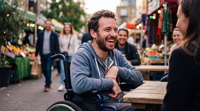 Disabled man in wheelchair laughing joyfully with female friend at outdoor cafe table