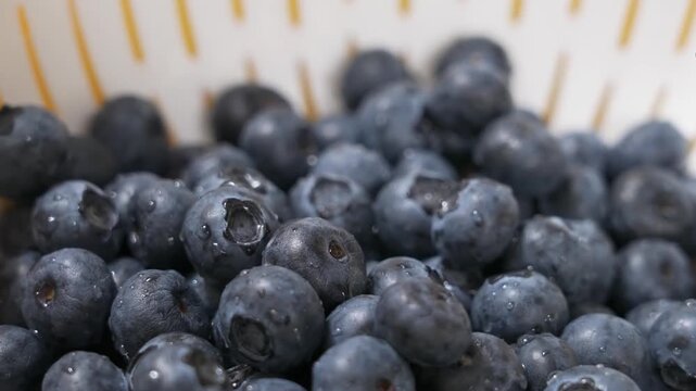 A detailed, macro shot of fresh, ripe organic blueberries covered in delicate water droplets. The dark blue berries are piled together, highlighting their natural texture and crown-like calyxes. Perfe