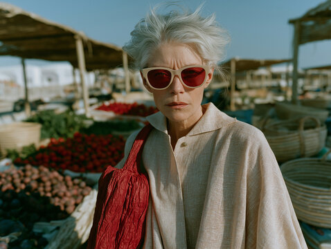 Woman in red sunglasses and neutral linen posing among rustic produce baskets. Perfect for fashion editorials, accessory campaigns, travel branding, and retail advertising.