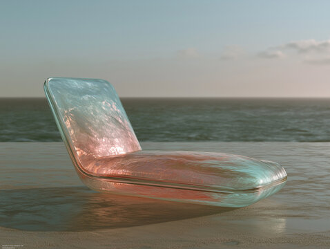 Iridescent transparent chaise lounge glowing on a quiet shoreline. Perfect for futuristic furniture advertising, luxury resort branding, and modern design campaigns.