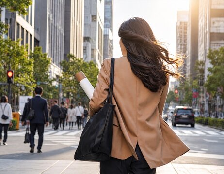 都会の街を颯爽と歩くビジネスウーマンの後ろ姿