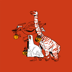 Funny Halloween dinosaurs trick or treating in costumes vector illustration with ghost T-Rex and mummy brachiosaurus for kids apparel  © Hector