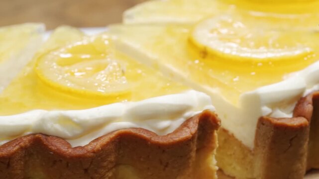 Close-up of fresh lemon tart slices featuring a fluted pastry crust, creamy white filling, and a glossy yellow jelly topping garnished with translucent lemon wheels on a wooden board.